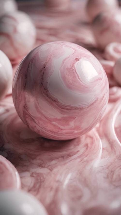 由柔和的粉色和白色大理石漩涡制成的球。