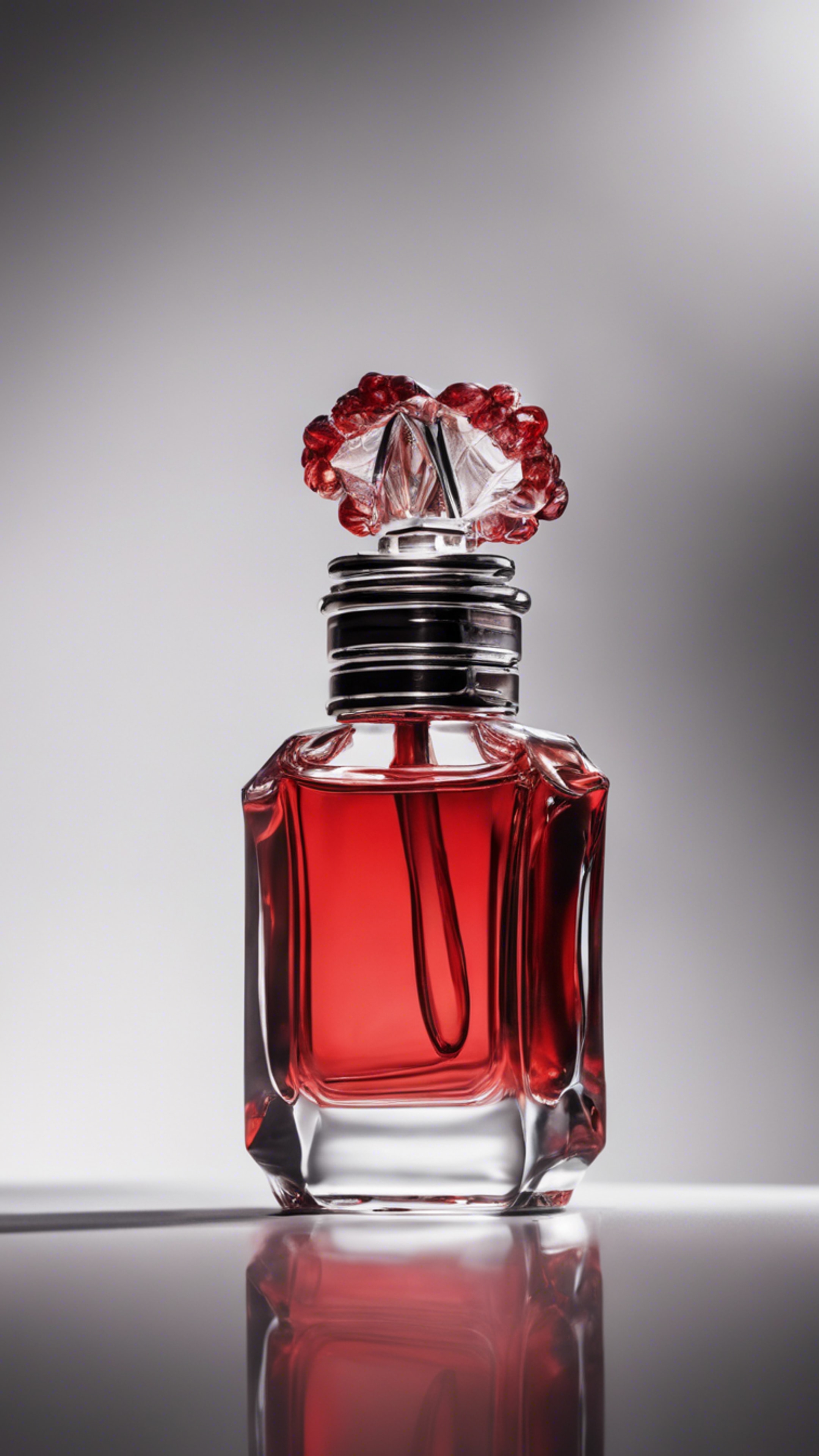 The portrait of a sassy red perfume bottle clashing against a pure white backdrop. Tapeta[8445b62606744831bb5a]
