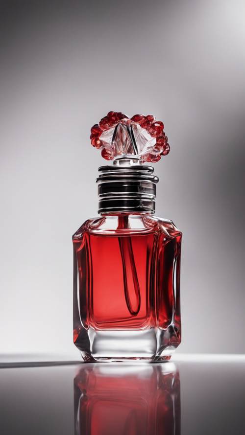 דיוקן של בקבוק בושם אדום חצוף שמתנגש על רקע לבן טהור.