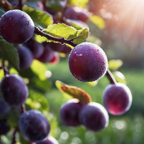 A large ripe purple plum freshly plucked, with its dew still glistening under the morning sun.