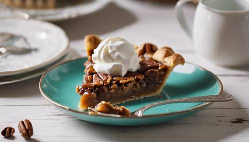 Vista dettagliata di una torta di noci pecan con un ciuffo di panna montata, servita su un antico piatto turchese su un tavolo bianco in stile fattoria.