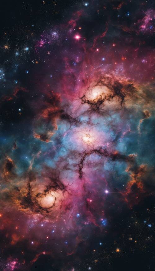 Pemandangan galaksi yang luas dan penuh dengan nebula warna-warni yang cerah berpadu dengan ruang yang gelap.