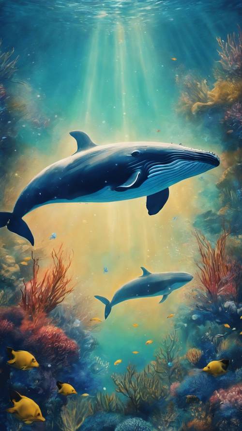 A serene painting of a harmonious underwater scene with whales and other sea creatures.