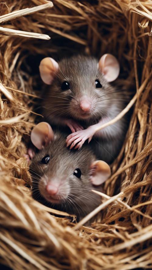三隻剛出生的小老鼠擠在一個舒適的、鋪著稻草的巢裡。
