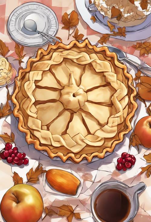 Anime-styled still-life of a baked apple pie, a classic Thanksgiving dessert.