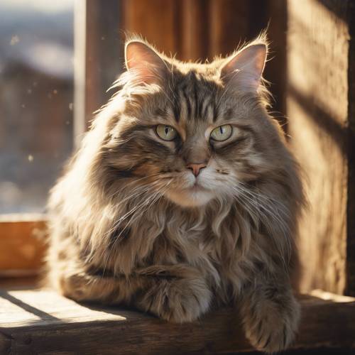 Gri bıyıklı, yaşlı, bilge görünümlü bir kedinin yağlıboya tablosu, rustik ahşap bir pencereden giren sıcak sabah güneş ışığının güzelce tadını çıkarıyor.