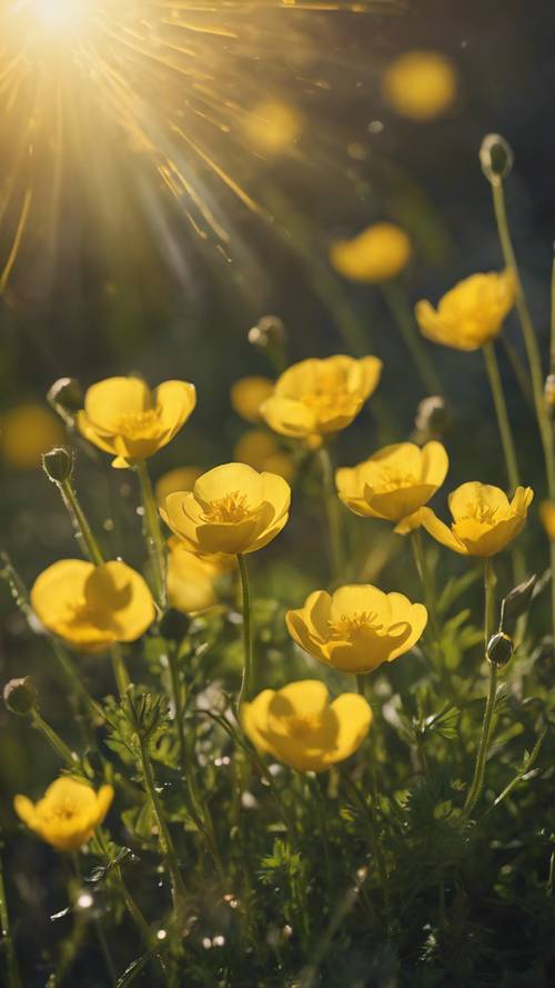 Una fioritura di ranuncoli gialli che riflettono la calda luce del sole primaverile.