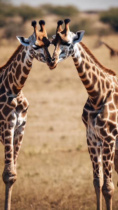 A pair of giraffes locked in a challenging headbutting match.