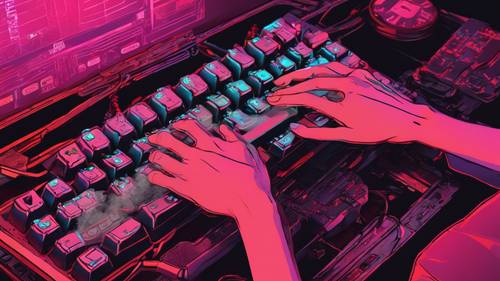 Sepasang tangan dengan tergesa-gesa mengetik di keyboard mekanis dengan lampu latar merah.