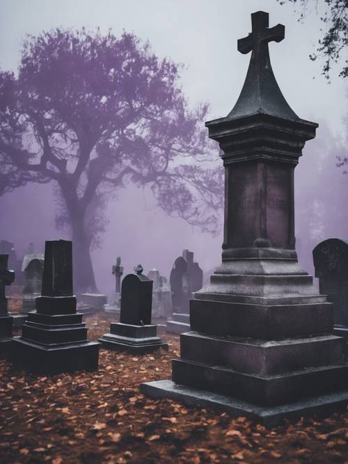 Una fitta nebbia viola che vortica intorno a un antico cimitero gotico durante Halloween.