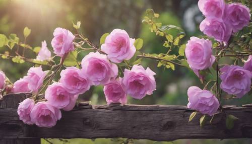 Rosas cor-de-rosa selvagens enroladas em torno de uma cerca de madeira rústica, com glicínias roxas penduradas no alto.