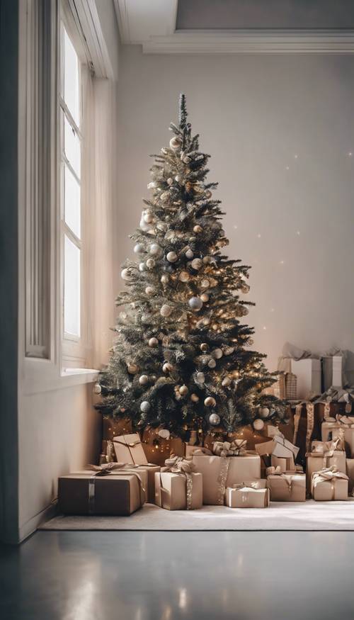 Une décoration de Noël minimaliste et sobre dans un studio aux murs blancs et au sol en béton