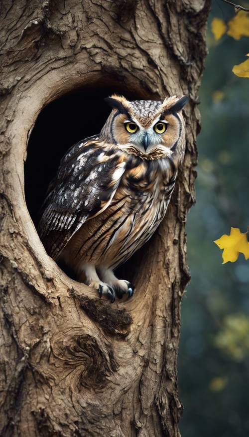 A wise old owl peeks mysteriously from a hollow in a moonlit ancient oak tree. Tapeta [086c2ac2b5d442d48b24]
