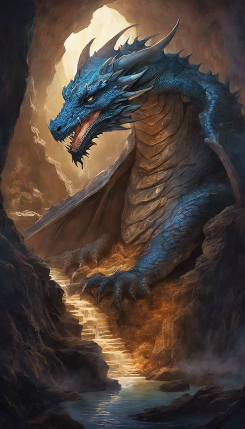 Un ancien dragon nichant sur une montagne de trésors à l’intérieur d’une caverne sombre.