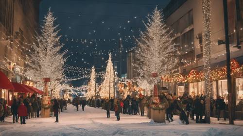 Сцена в центре города на Рождество с праздничными украшениями.