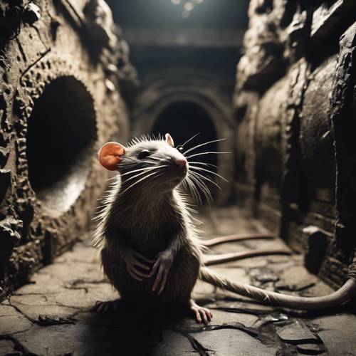 Un roi rat débraillé dans un ancien égout, représenté à travers une lumière menaçante et étrange.