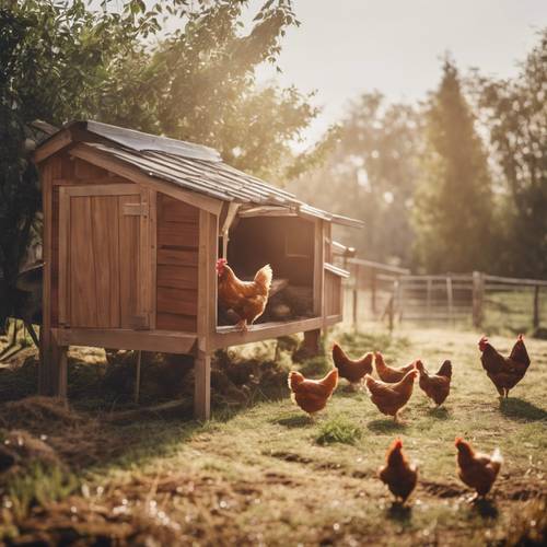 נוף בוקר מטושטש של לול תרנגולות עם תרנגולות מחופשות שמצקצקות.