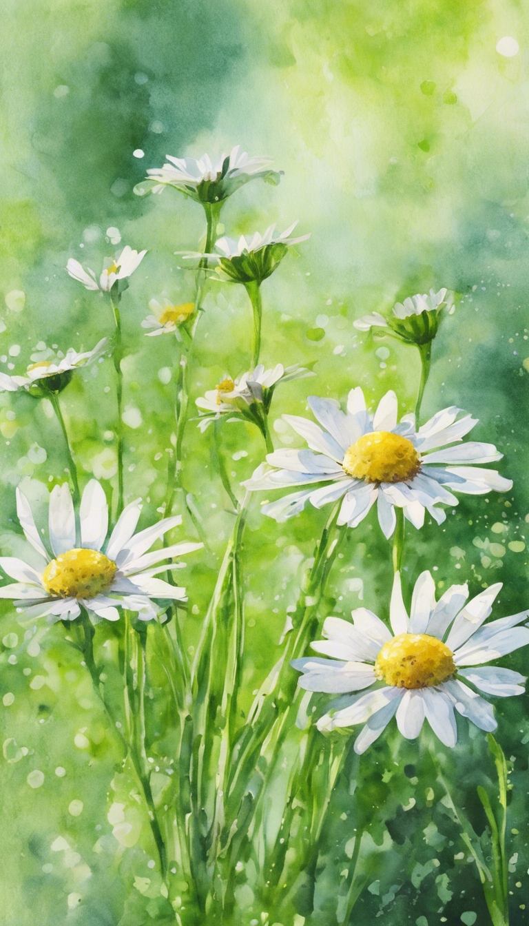 A lime green watercolor painting exhibiting daisies on a summer morning. Шпалери[321c48748281478bbe7a]