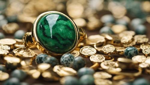 一件珠寶，鑲嵌黃金的綠色大理石