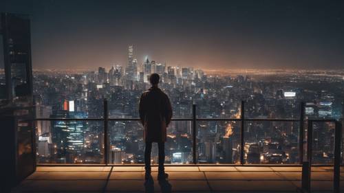 A person looking out at an urban skyline from a high rooftop, the city lights forming the phrase 'Success is the sum of small efforts, repeated day in and day out.'. Tapeta [fc397b1aa8f54172ad05]