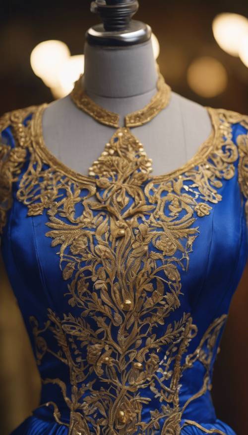 Un abito blu royal con ricami dorati esposto su un manichino.