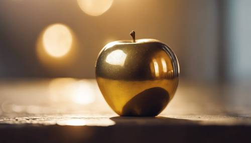 Золотое яблоко с сиянием мягкого солнечного света на полированной поверхности.
