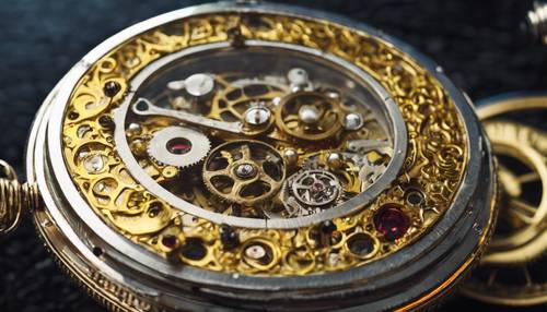 Relógio de bolso estilo steampunk com mecanismos complexos, feito de ouro e joias amarelas.