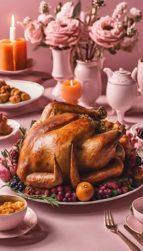 A classic Thanksgiving feast in a soft pink color scheme.