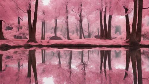 Một khu rừng phản chiếu trên bề mặt đá cẩm thạch màu hồng bóng loáng.