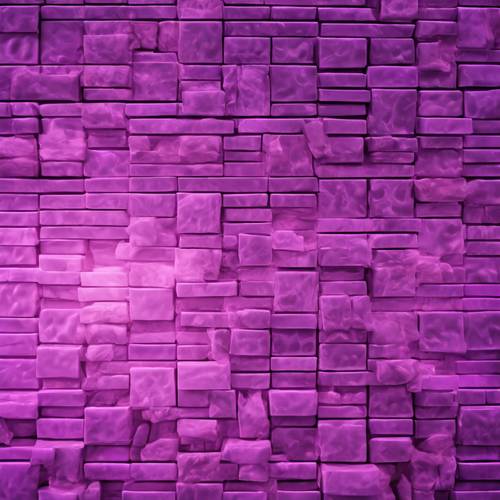 Dinding bermotif batu bata ungu berkilauan di bawah lampu neon.