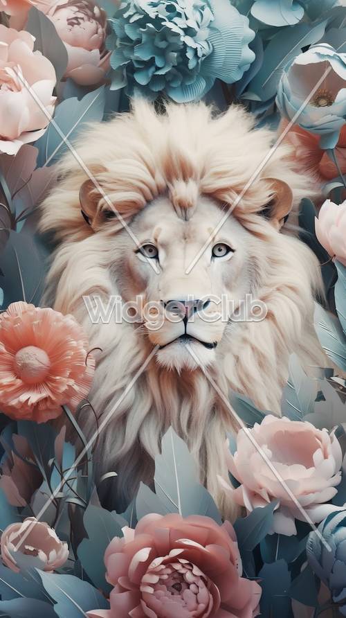 Majestuoso león blanco entre flores de color rosa pálido