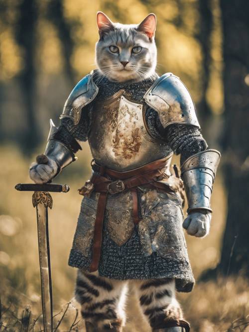 Desain permadani abad pertengahan dari seorang ksatria kucing pemberani, berdiri dengan berani dan bangga dalam baju besi yang bersinar di medan perang.