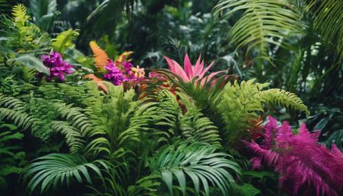 Um padrão de listras composto pela flora da floresta tropical, incluindo flores vivas, samambaias e folhas de palmeira.