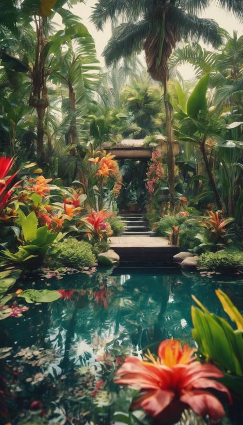 Pięknie zaprojektowany tropikalny ogród usiany jasnymi kwiatami, cienistymi palmami i małym stawem pełnym kolorowych ryb.