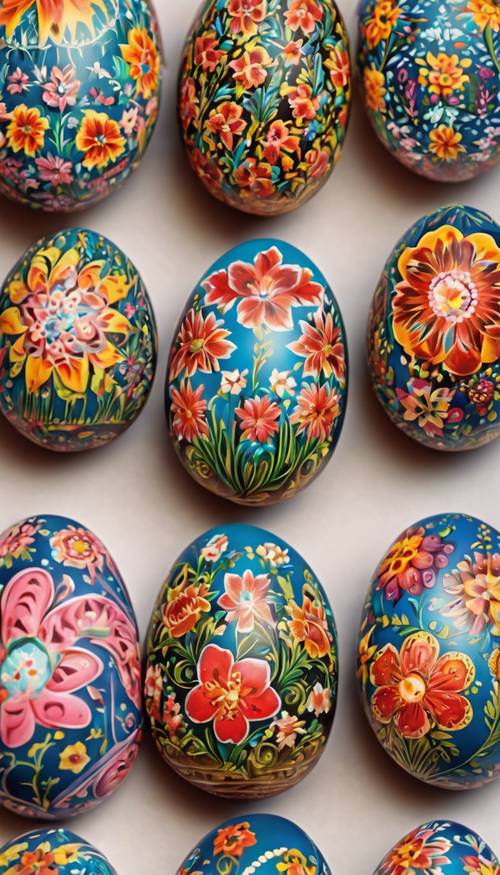 Tradycyjny ukraiński obraz sztuki ludowej z żywymi motywami roślinnymi namalowanymi na jajku wielkanocnym.
