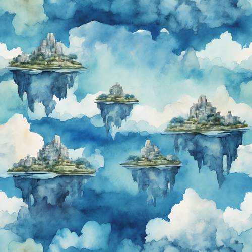 Aquarelle bleue surréaliste représentant des îles flottantes dans le ciel.