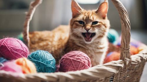 Un chat en plein bâillement dans un panier rempli de pelotes de laine douces et colorées.