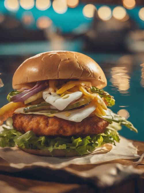 Deniz temalı arka planda bir balık burgerinin davetkar görüntüsü.