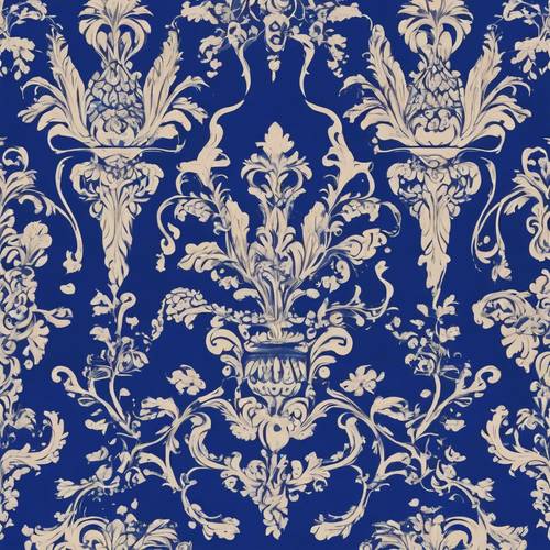 Design damassé bleu royal luxuriant évoquant un charme d’antan.