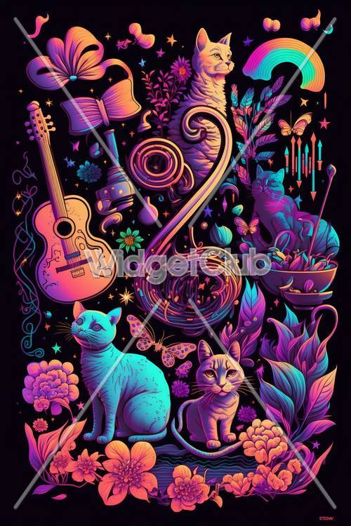 Arte de fantasía colorido con gatos e instrumentos musicales.