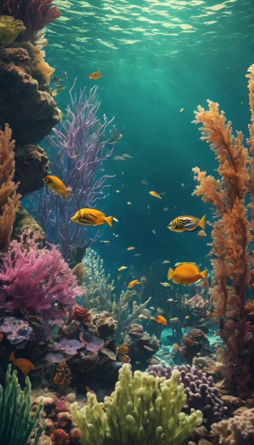 Um cenário exuberante de recifes subaquáticos com plantas marinhas floridas e vibrantes dançando ao lado de peixes exóticos.
