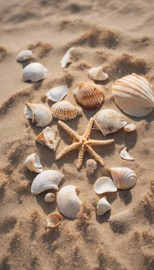 조개껍질이 가득한 모래사장 위에 펼쳐진 트렌디한 프레피 스타일의 의상입니다.