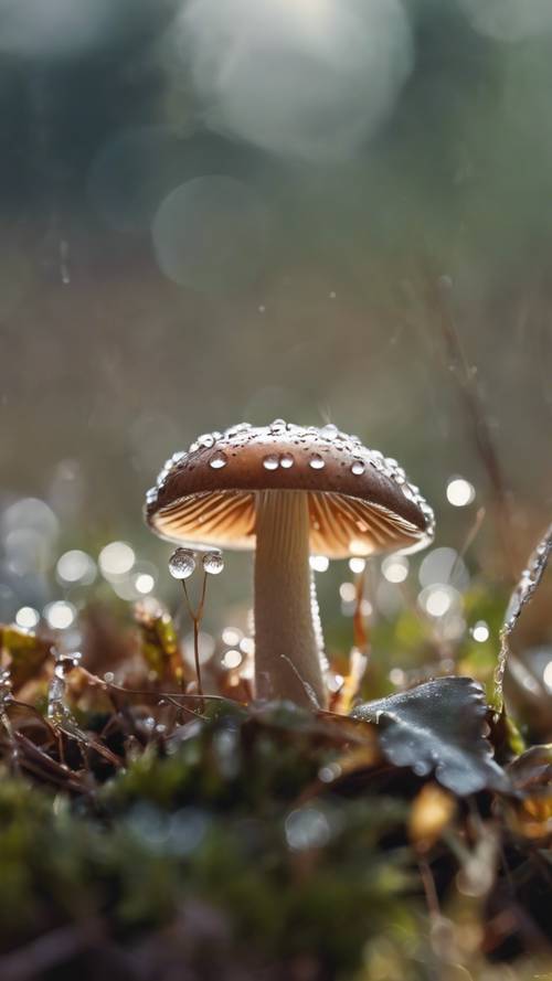 A cute mushroom adorned with shiny dewdrops on a foggy, glorious morning.