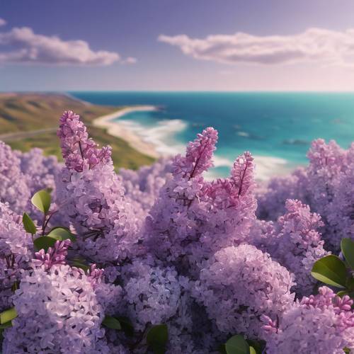 Un&#39;immagine surreale e iperrealistica di una pianura lilla che si affaccia su un tranquillo oceano azzurro.