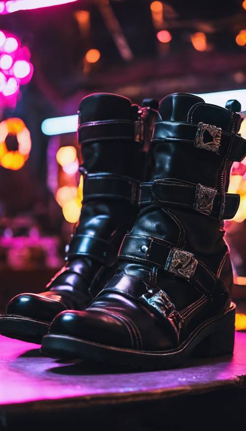 A black leather boot in a biker style with silver buckles under neon lights.