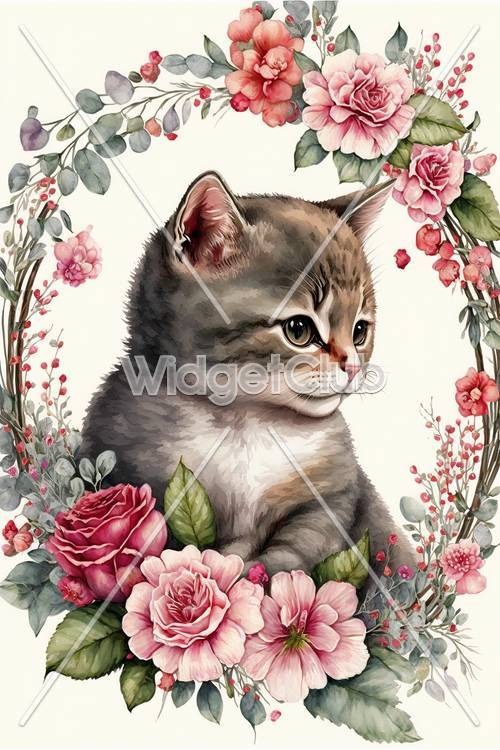 カラフルな花々の中のかわいい子猫
