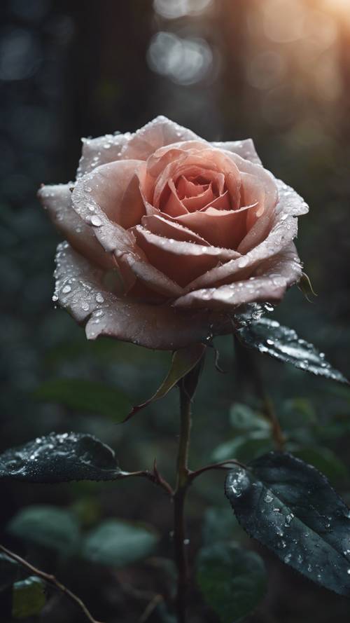 Uma rosa solitária numa floresta escura, banhada pelo luar.