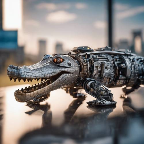 Um momento futurista: um crocodilo de metal movido por tecnologia robótica avançada.