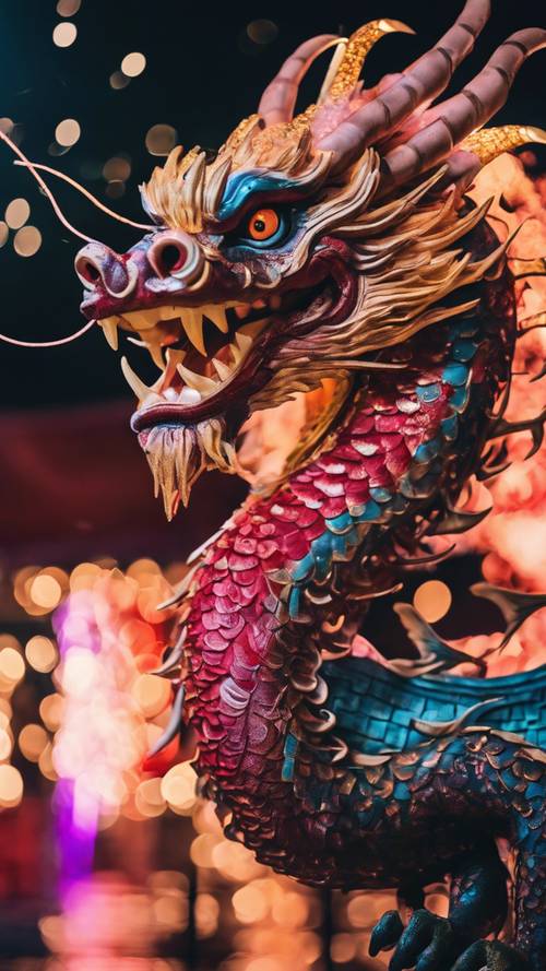 A vibrant Japanese dragon projected against the fireworks during summer festival.