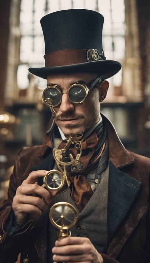 A steampunk gentleman in a top hat adjusting a brass monocle